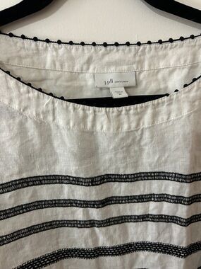 J. Jill White Linen Top with Black Embroidered Stripes
